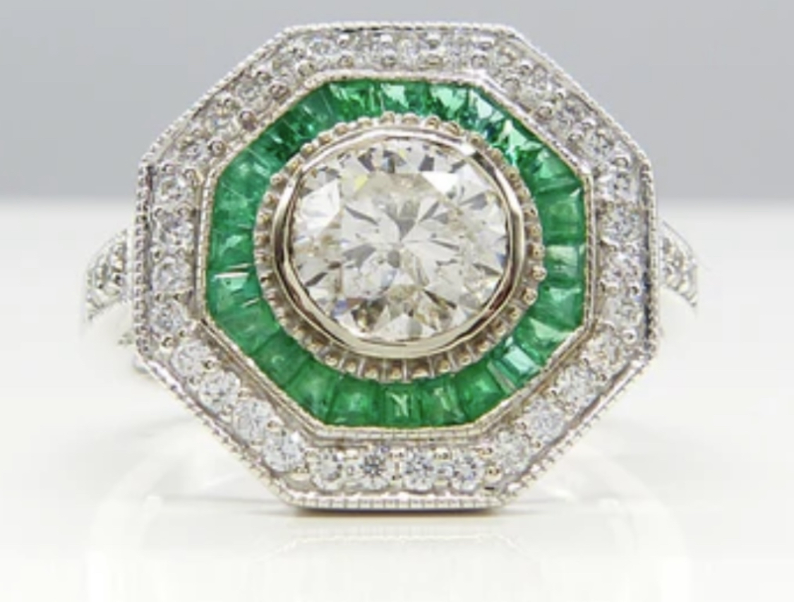 Emerald and Diamond Art Deco 18 Carat White Gold