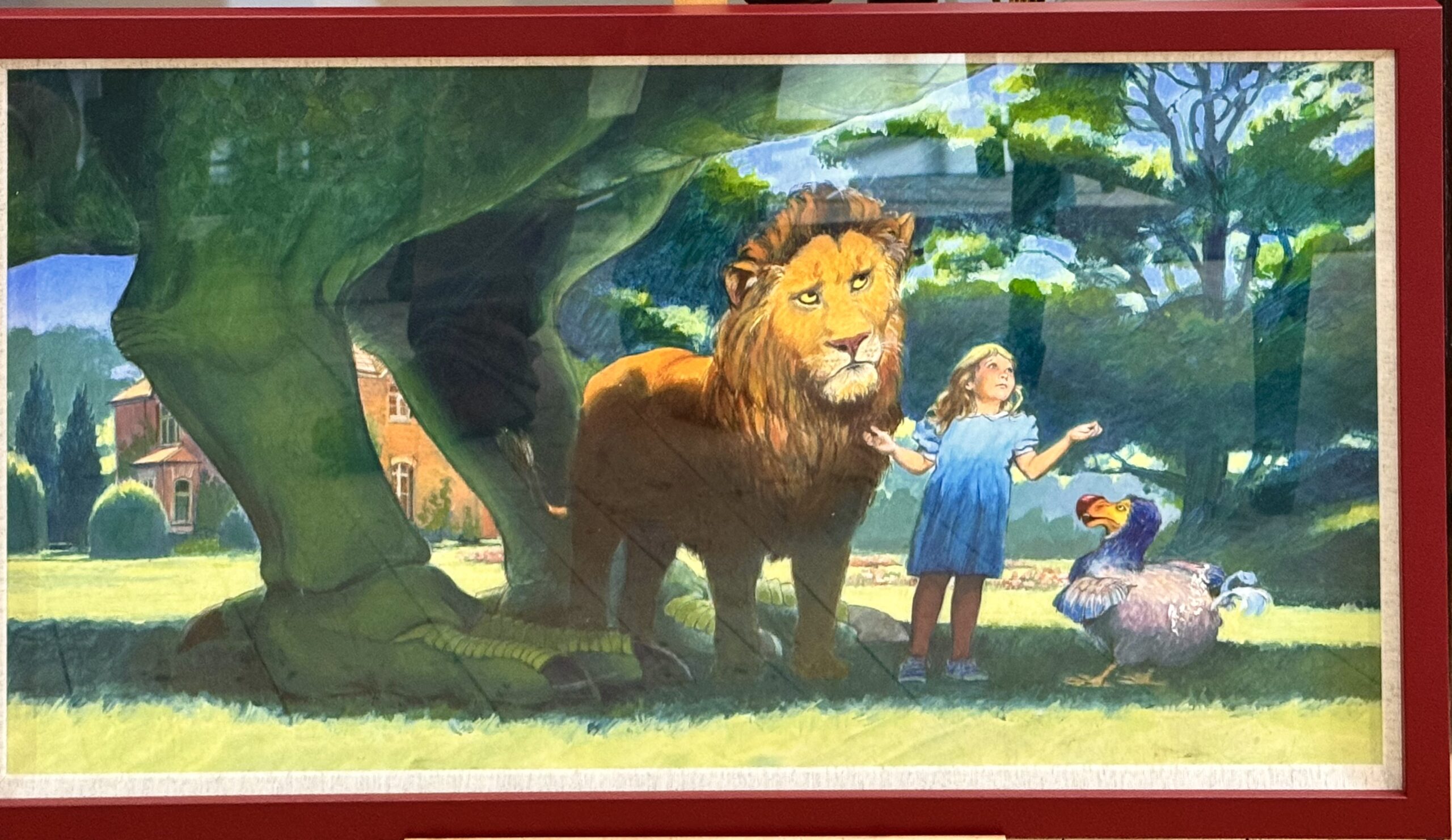 Painting Of Children’s Story The Girl, Lion, Dodo & Dinosaur Circa 1956
